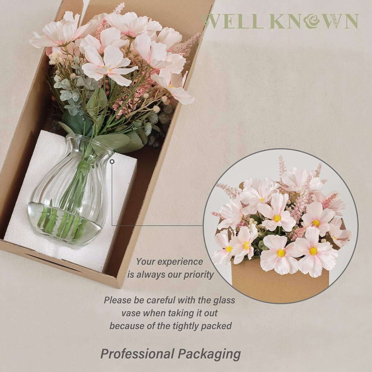Artificial Flowers in Vase for Spring Home Decor, Fake Silk Pink Flowers with Glass Vase with Fake Water, Fake Astillbe Eucalyptus for Wedding Party Bathroom Farmhouse Kitchen Dining Table